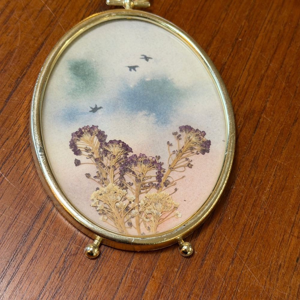 Vintage Oval Gold Tone Pressed Flower Bird Art Frame Miniature Standing Hanging
